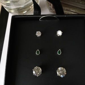 Silver Emerald Cubic Zirconia CZ Stud Earrings Set